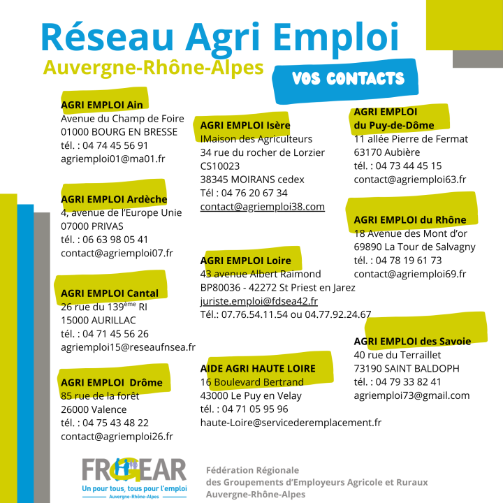 Les contacts des Agri Emploi de votre région Auvergne Rhône Alpes