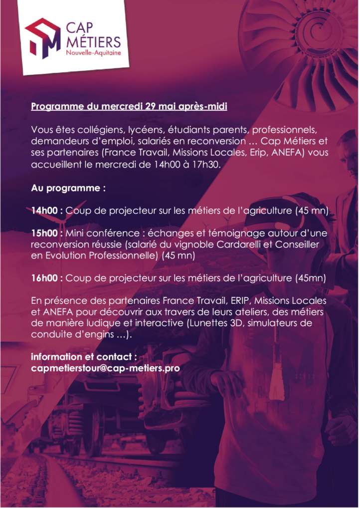Programme de l'après midi du Cap Métiers Tour du 29 Mai